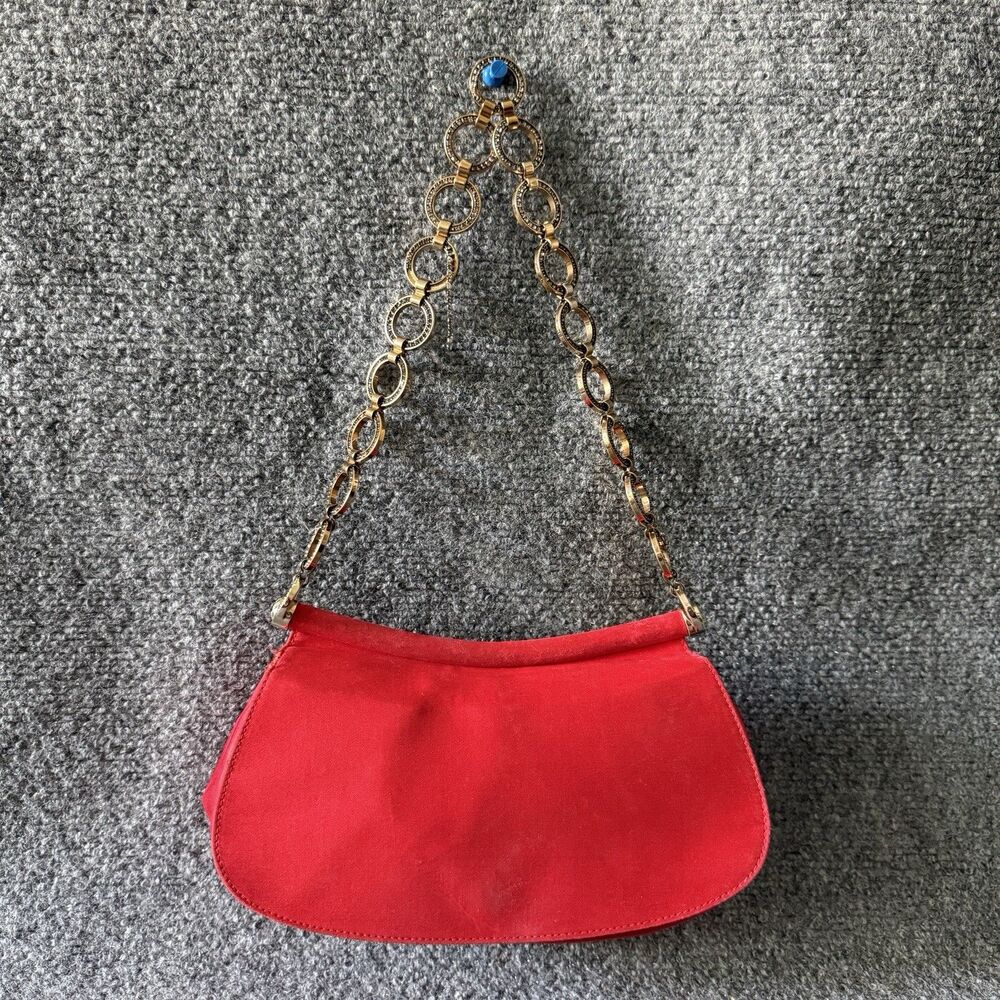 VTG Escada Red Satin Evening Bag Clutch Gold Geometric Link Chain Strap Italy